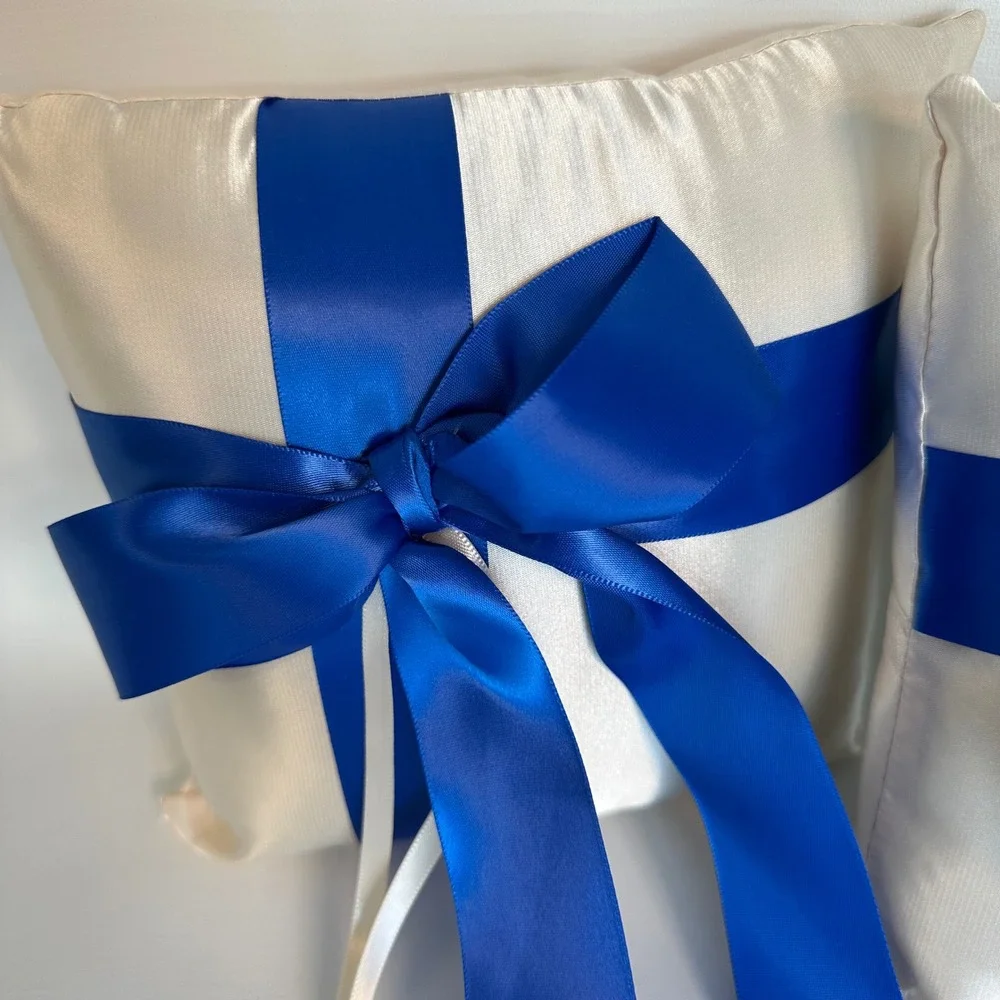 Wedding Ring‎ Bearer Pillow Ivory Satin Royal Blue Ribbon Bow Set of 2